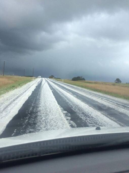 Hail on the road near Tarrington on Friday.