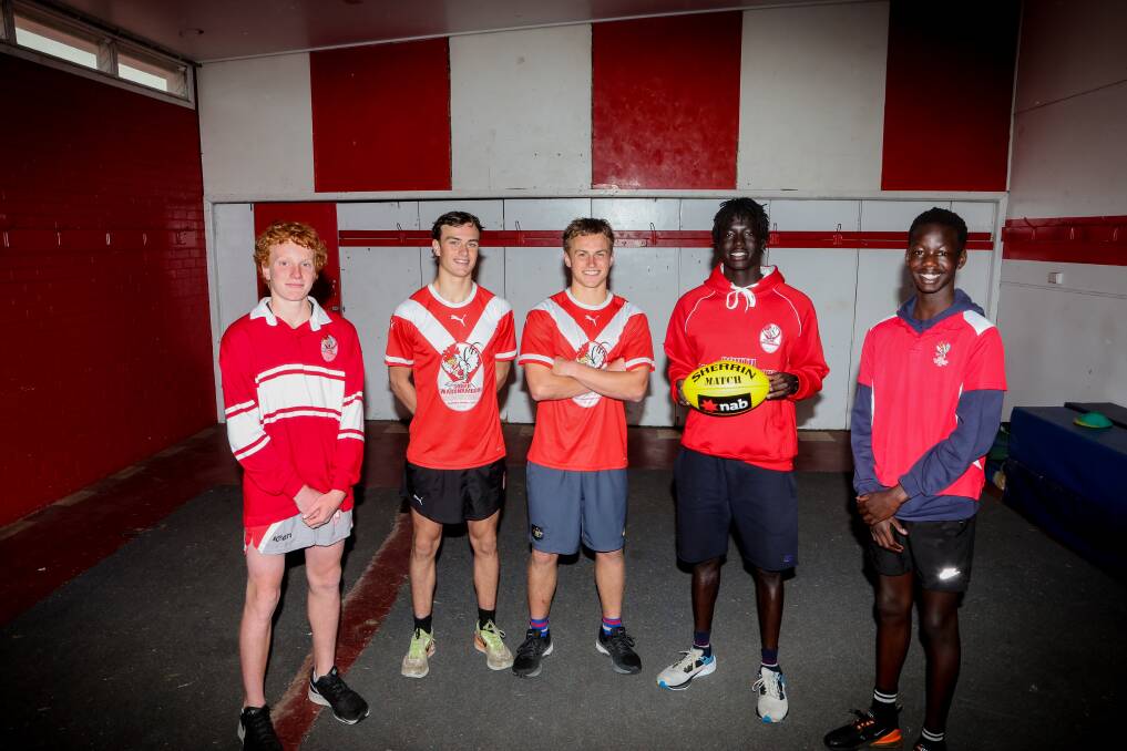Jimmy Stevens, Will White, Archie Stevens, Luamon Lual and Mali Lual have welcomed an upgrade to the South Warrnambool changerooms. Picture by Anthony Brady
