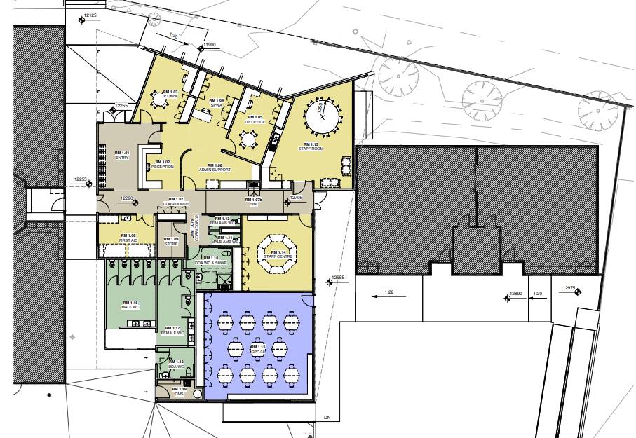 A closer look at a detailed layout of the new administration building.