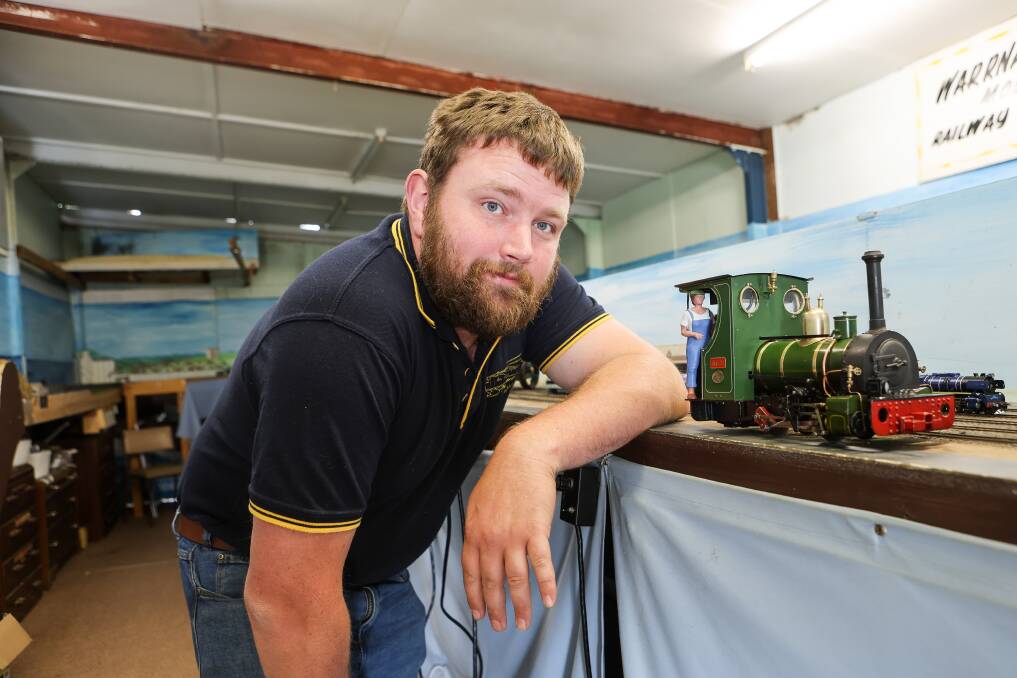 Laang's Adam Edge has built a train track in his garden to run his steam train. Picture by Anthony Brady