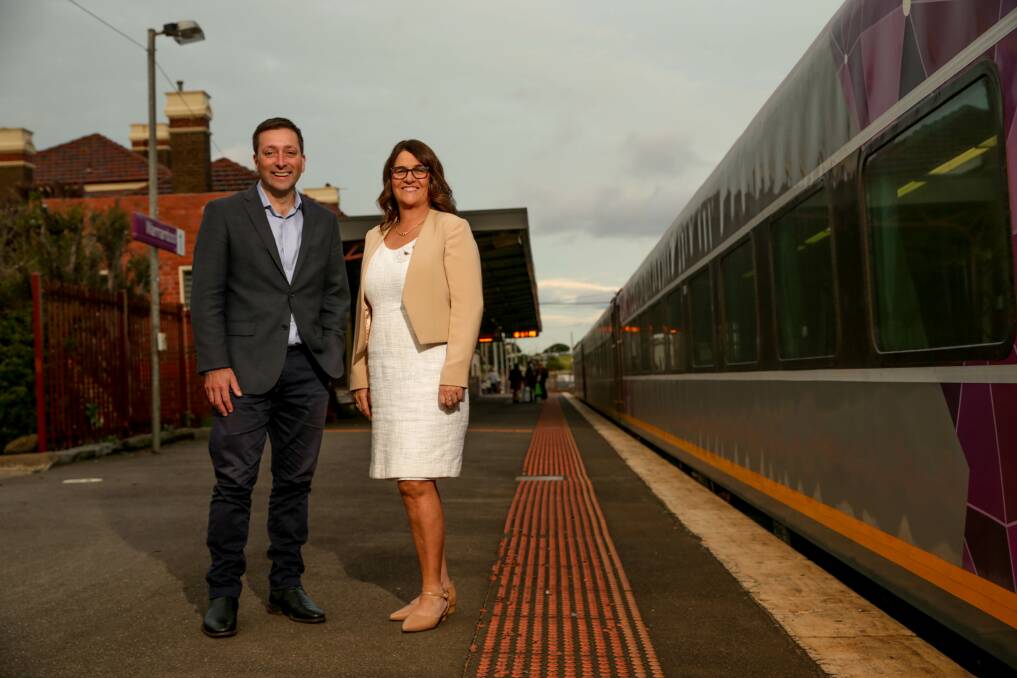 On track: Liberal leader Matthew Guy took the train to Warrnambool on Monday to experience the state of the line first hand. Picture: Chris Doheny 