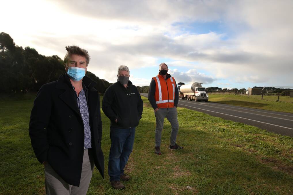 It's time: Mayor Tony Herbert with businessmen Glenn Owen and Michael Steel want to see the state government to fund its share of the Princes Highway upgrade. Picture: Mark Witte