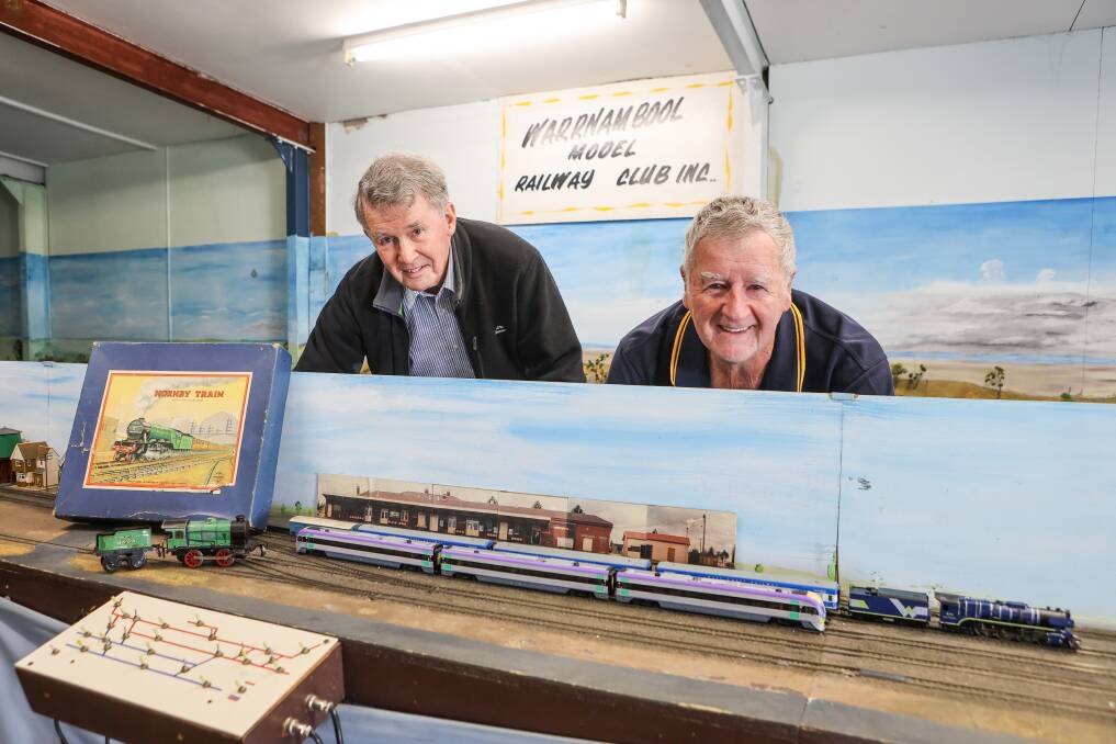 David Boldt and Max Sharrock with models of Warrnambool's train service - past and present. Picture by Anthony Brady