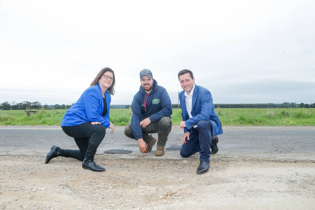 South West Coast MP Roma Britnell with Liberal leader Matthew Guy inspecting the Woolsthorpe-Heywood Road with Adam Fry (centre) who crashed his car on the dangerous road. Picture by Anthony Brady