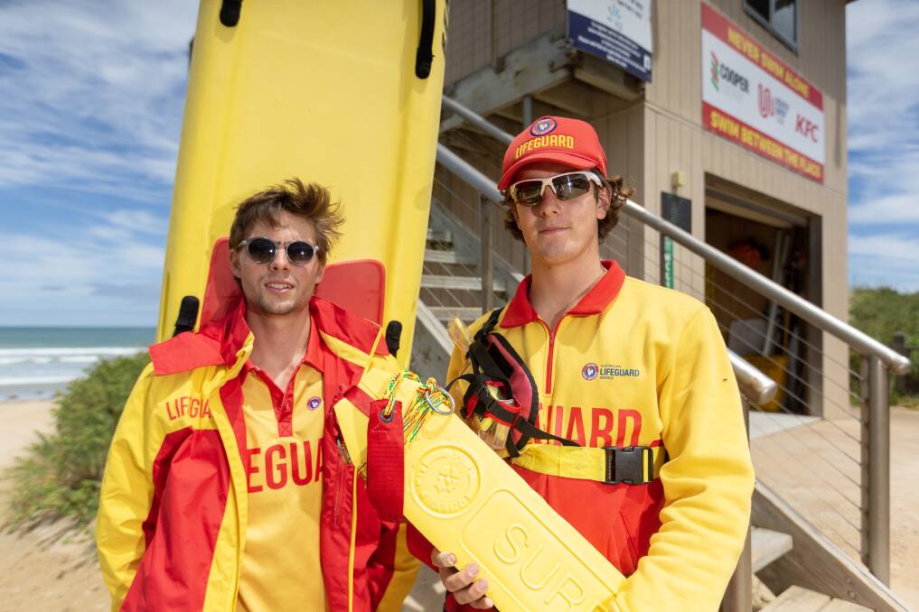 Warrnambool lifeguards Jobe Steel and William McNeil helped rescue about a dozen people from the surf on Friday. Picture by Eddie Guerrero