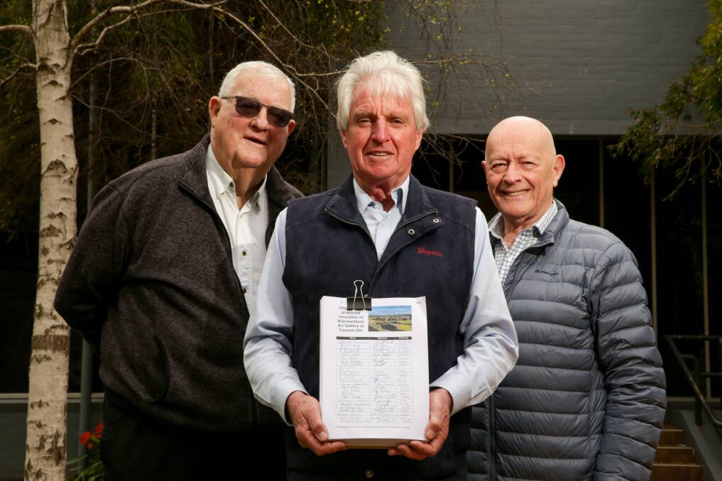 David Atkinson (left), Brian Guyett and Ray Lougheed handed a petition to the council opposing any art gallery at Cannon Hill. Picture by Chris Doheny