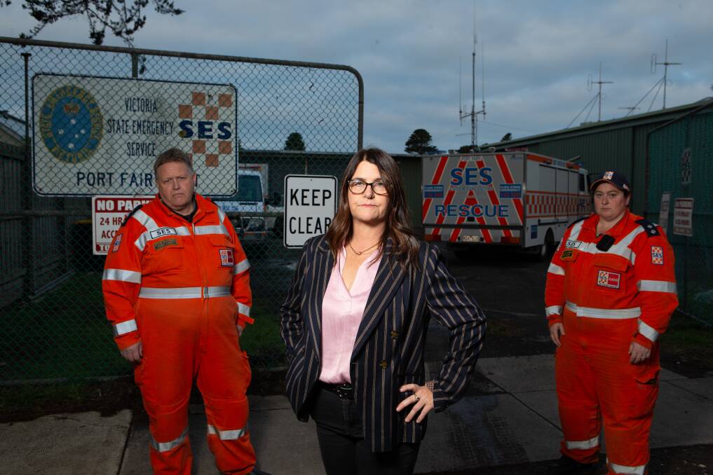 UNACCEPTABLE: Port Fairy SES branch members Stephen McDowall and Hannah Morris, along with South West Coast MP Roma Brintell say the facilities are substandard. Picture: Chris Doheny 