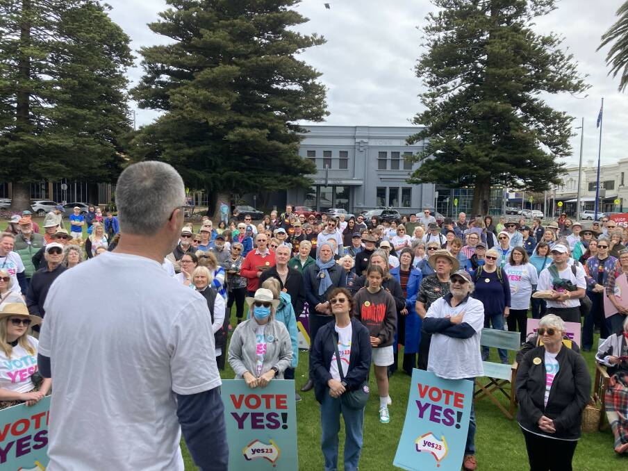 Hundreds of people gathered on the Civic Green in Warrnambool and marched to Lake Pertobe to promote the Yes vote ahead of the referendum. Picture supplied 