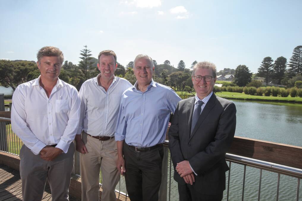 Tourism potential: Peter Schneider with then mayor Tony Herbert, Wannon MP Dan Tehan and the deputy PM Michael McCormack announcing funding for an upgrade of Lake pertobe. 