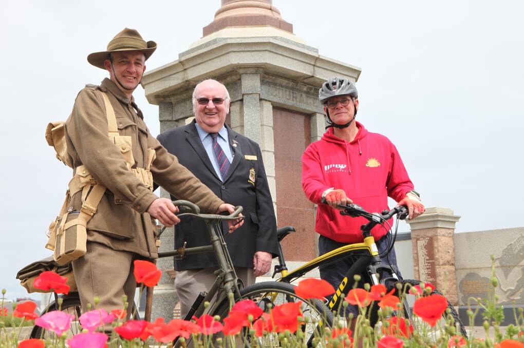 Commemoration ride: David McGinness, pictured with RSL president John Miles and Stephen Ivey, will be riding from France to Belgium on WWI-era bikes to mark the 100th anniversary of end of The Great War in 1918. 