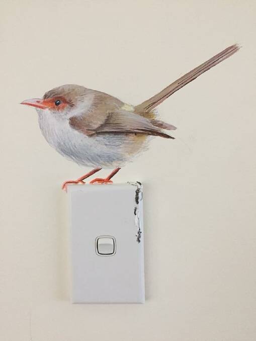 Quirky: Jimmi Buscombe's painting of a bird on a light switch at Lyndoch, complete with bird droppings.