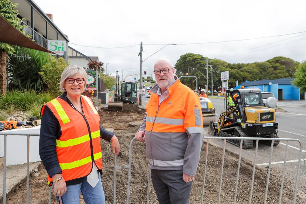 Mayor Debbie Arnott and acting CEO David Leahy on Banyan Street where footpath works are under way. Picture by Anthony Brady