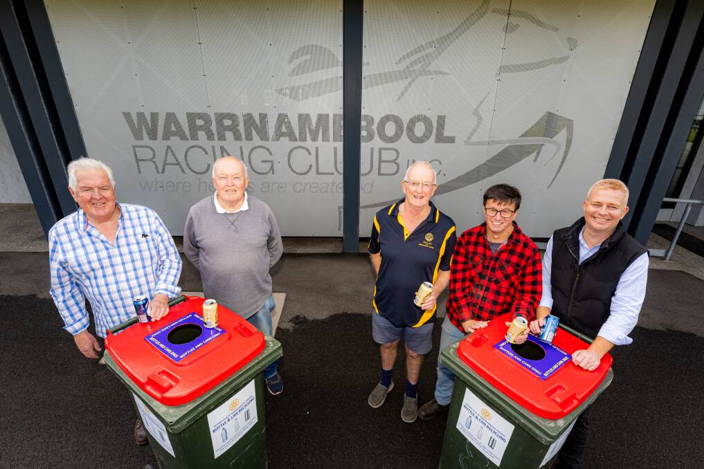 Rotary Club of Warrnambool Central members John Hutson, Brian Dillon, Lew Officer and Brendan O'Neill with Warrnambool Racing Club CEO Luke Cann at Warrnambool Racecourse. Picture by Eddie Guerrero.