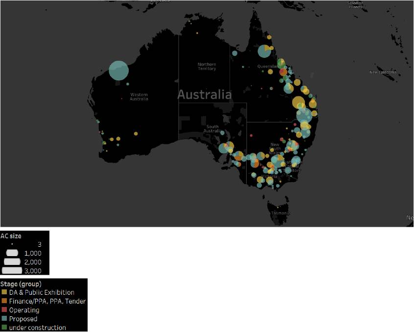 Solar farms proposed, under construction or operating in Australia. Dots represent the output of the farm not the footprint of the project. Map: SunWiz