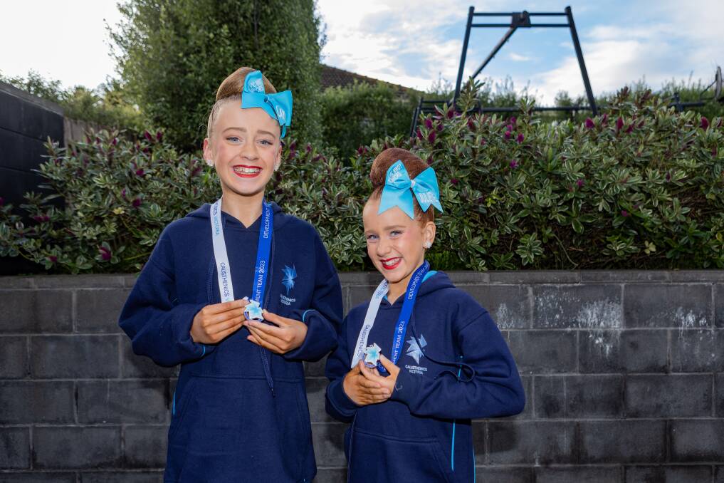 Laylah, 11, and Juliette, nine, Bourke auditioned and were selected as one of 50 performers to be part of the state calisthenics development team. Picture by Anthony Brady 