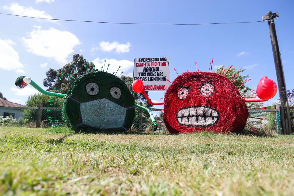Beware: Using the lyrics to Kung Fu Fighting, these coronavirus hay bales warn that COVID-19 moves 'as fast as lightning'.