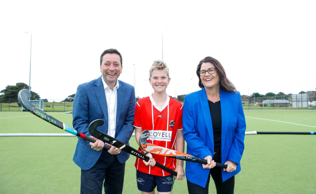 Liberal leader Matthew Guy, Cooper Mills and MP Roma Britnell at the Warrnambool Hockey Club which would received $6.6 million under an elected Liberal Nationals government. Picture by Anthony Brady