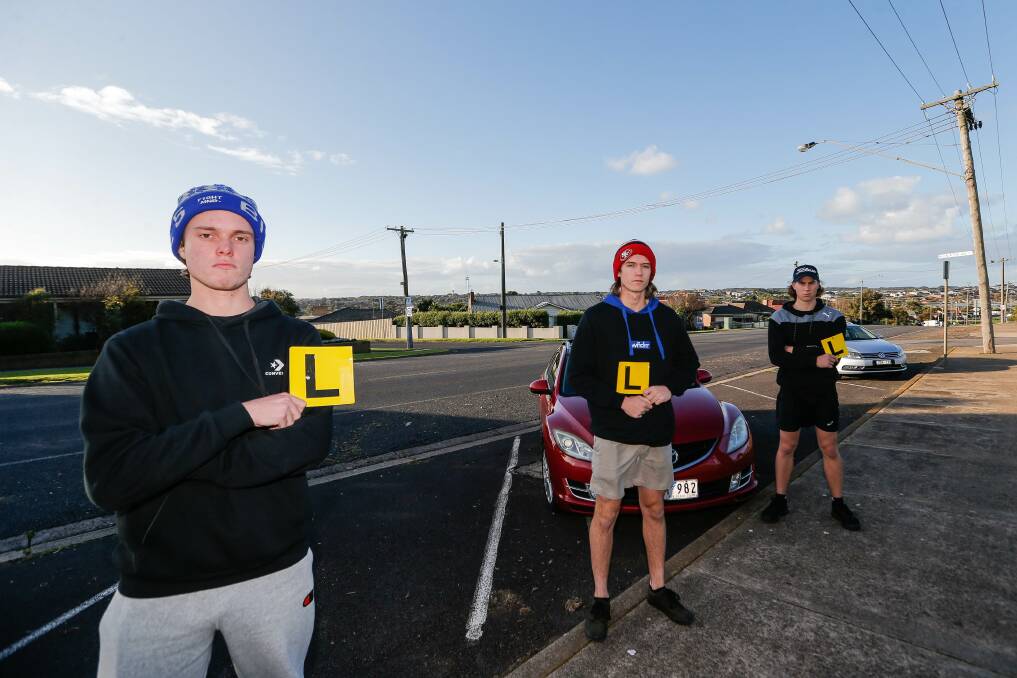 Testing time: Warrnambool College students Edward Johannesen, Jude Forth-Bligh and Noah Best are keen to get their licence, which are still on hold due to COVID-19 restrcitions. Picture: Anthony Brady