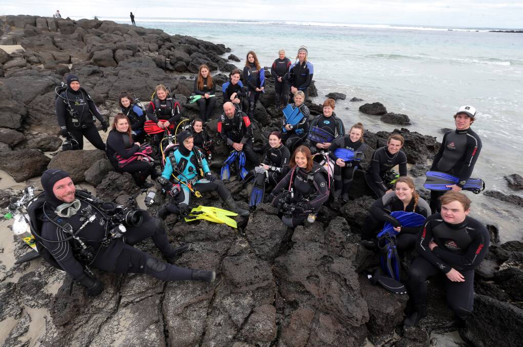 A large group of hardy divers took to the water at South Beach in Port Fairy to celebrate International Women's Dive Day. Picture: Rob Gunstone 