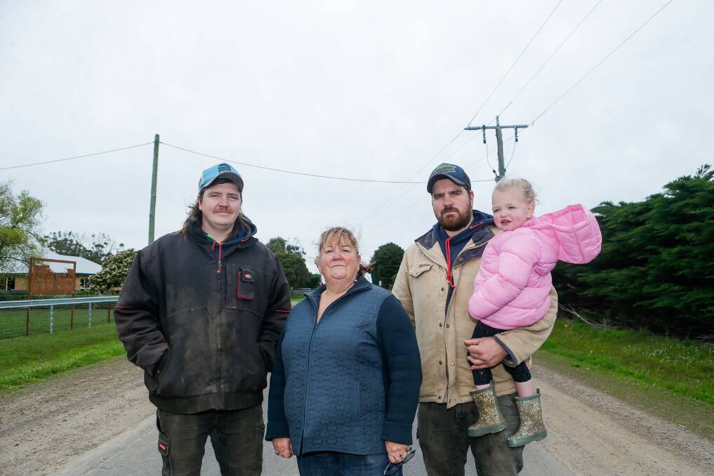 Matt, Jodi, Adam and Ava Fry are angry about the state of the Woolsthorpe-Heywood Road which they say is long overdue for an upgrade. Picture by Anthony Brady