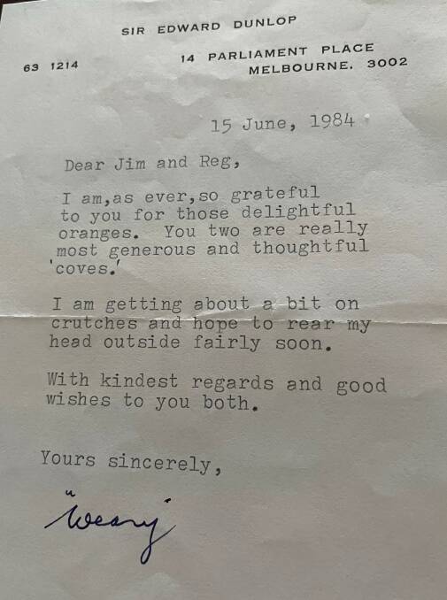 A letter to Jim and Reg from Sir Weary Dunlop.