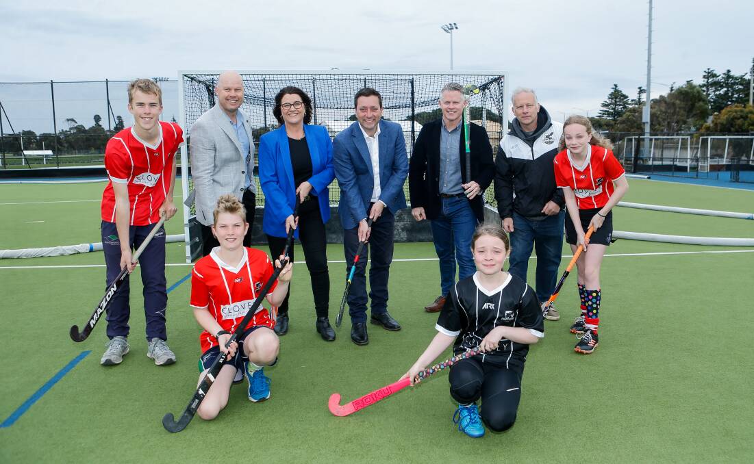 Cooper Mills, Kevin Mills, Roma Britnell, Matthew Guy, Paul Dillon, Clayton Young, Jaya Young, (front) Archer Mills and Myla Young Matthew Guy at the Warrnambool Hockey Club. Picture by Anthony Brady 