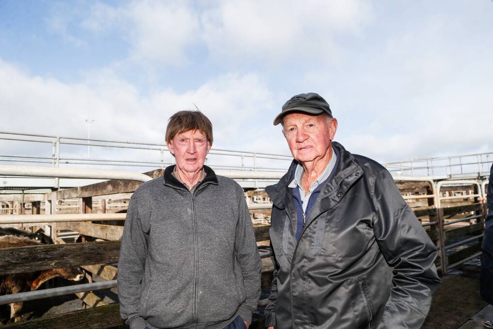 Jeff Wallace and Neil Anderton have been coming to the saleyards for 55 years. Picture: Anthony Brady 