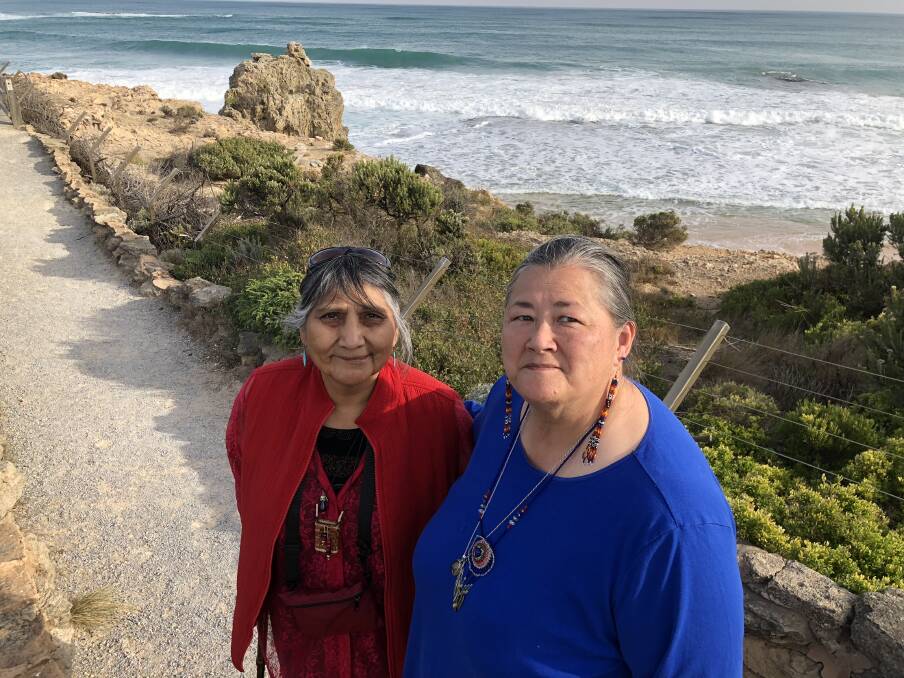Connaction: Grandmother Pershlie Ami, from Arizona and Grandmother SaSa from New Hampshire visit the Hopikns River mouth in Warrnambool as part of cultural tour.