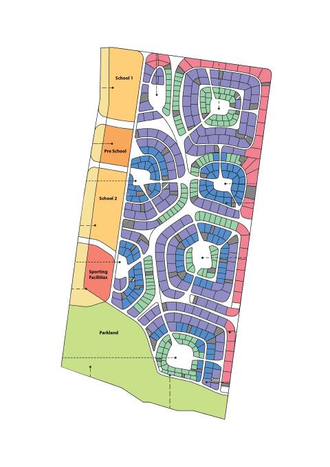 Larger blocks are colour coded pink, the freedom blocks are coded purple, eco blocks are coded blue and the green blocks are for smaller allotments. In yellow is the proposed schools, kinder and sporting facilities which run alongside Tozer Reserve.