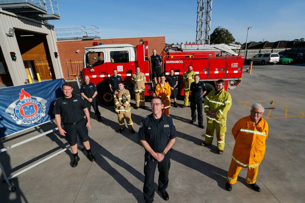 Business as usual: Some trucks are being rebadged as paid firefighters come under the new Fire Rescue Victoria service, but commander Greg Kinross says they will still work with CFA volunteers like they always have. Picture: Anthony Brady 