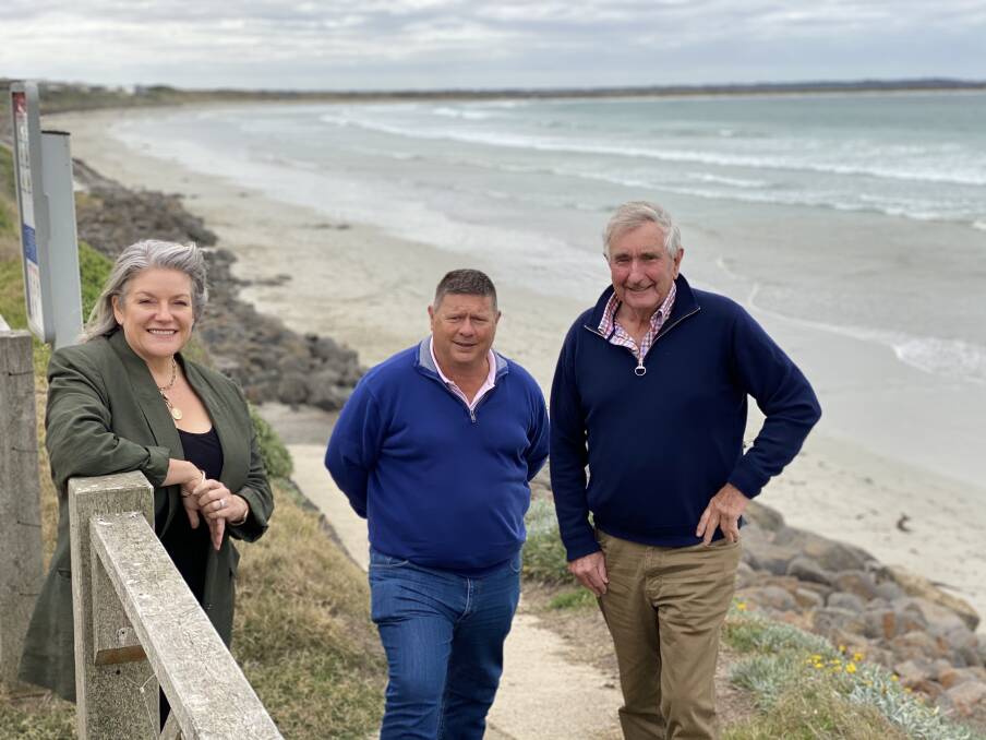 New look: Moyne councillors Karen Foster, Damian Gleeson and mayor Ian Smith welcome funding to upgrade East Beach in Port Fairy. The toilets will be replaced as part of the works and new barbecue facilities installed. 