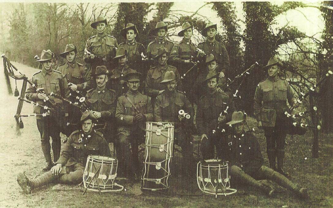 The Battle's Over: Doug Haezlewood's grandfather Corporal William Donald (Dinny) McDonald (seated on left) as a member of the 14th Battalion Band in England in 1917.