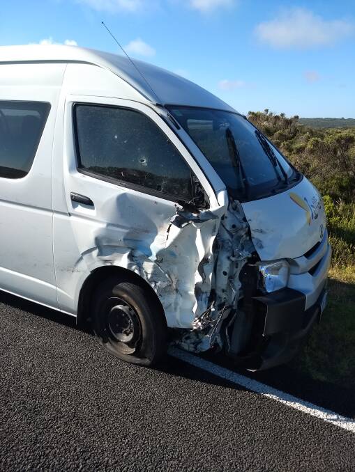 Impact: The mini-bus that hit Daniel Imbesi in February. Daniel wants something to be done about making the Great Ocean Road safer.