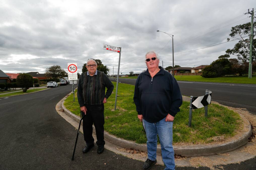 Not safe: Residents Jack Daffy and Julian Mugavin want VicRoads and the city council to work together to come up with a solution to make the Turner Drive intersection safer. Picture: Anthony Brady