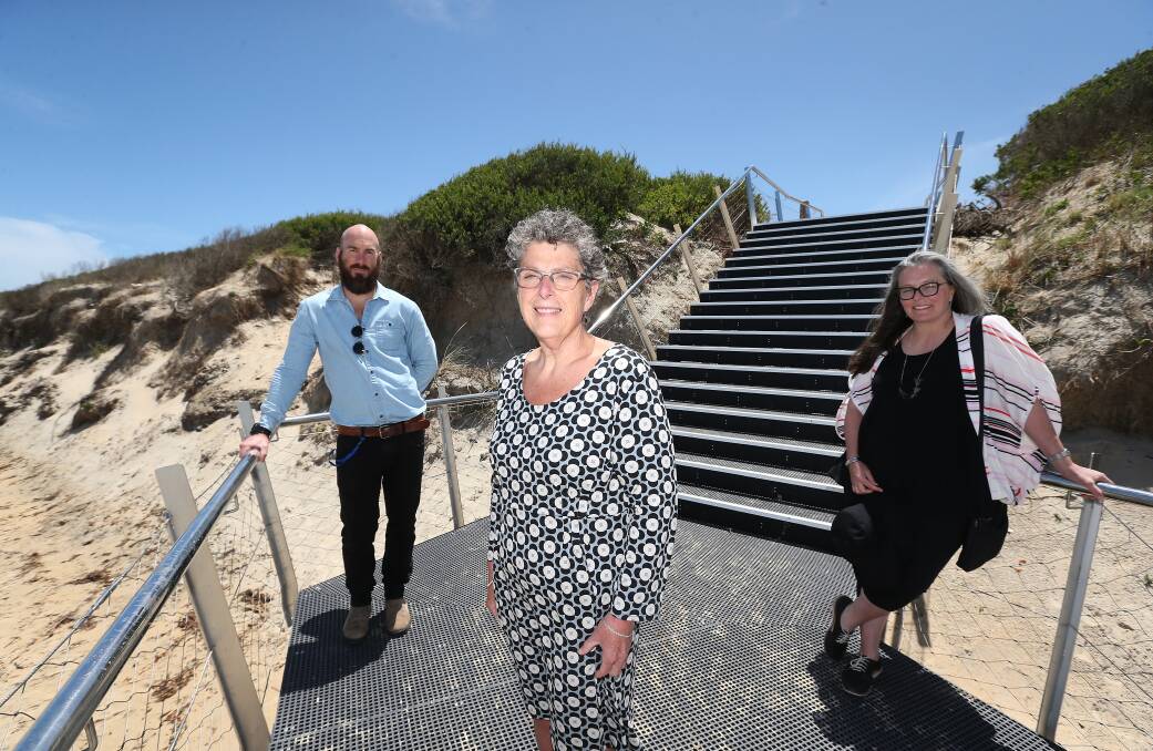 Project coordinator Jen MacMillan, Warrnambool city council major Vicki Jellie and Acting director city infrastructure Luke Coughlan at the opening of the beach access stairs back in December 2020.