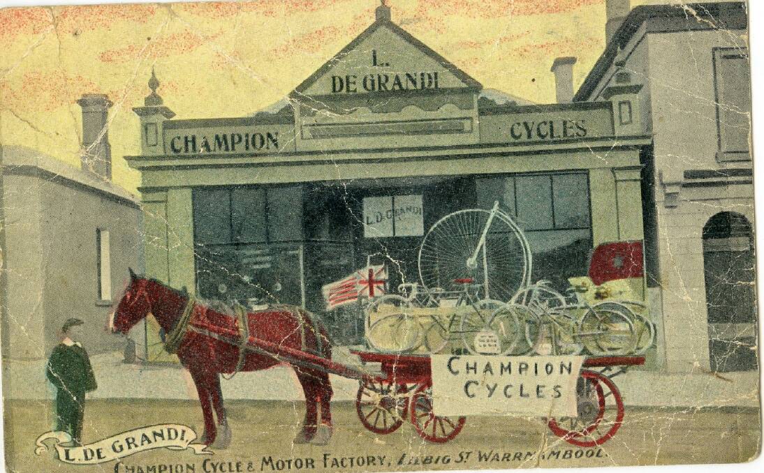 A coloured postcard of the Liebig Street cycle store.