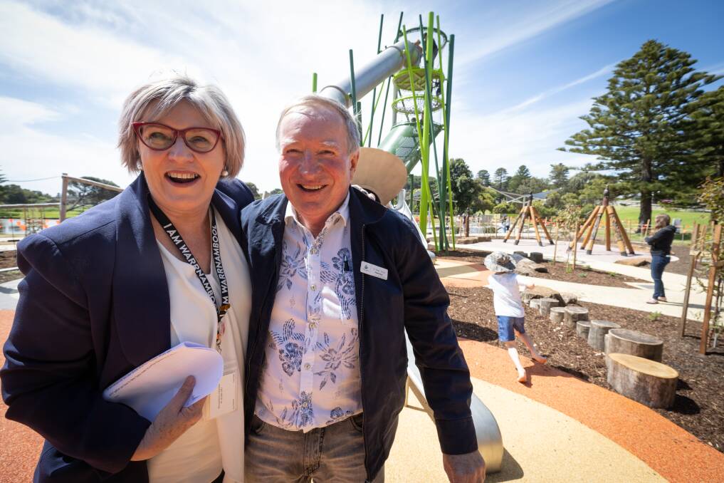 Mayor Debbie Arnott congratulates Cr Max Taylor after he took the new Lake Pertobe slide for a test run. Picture by Sean McKenna