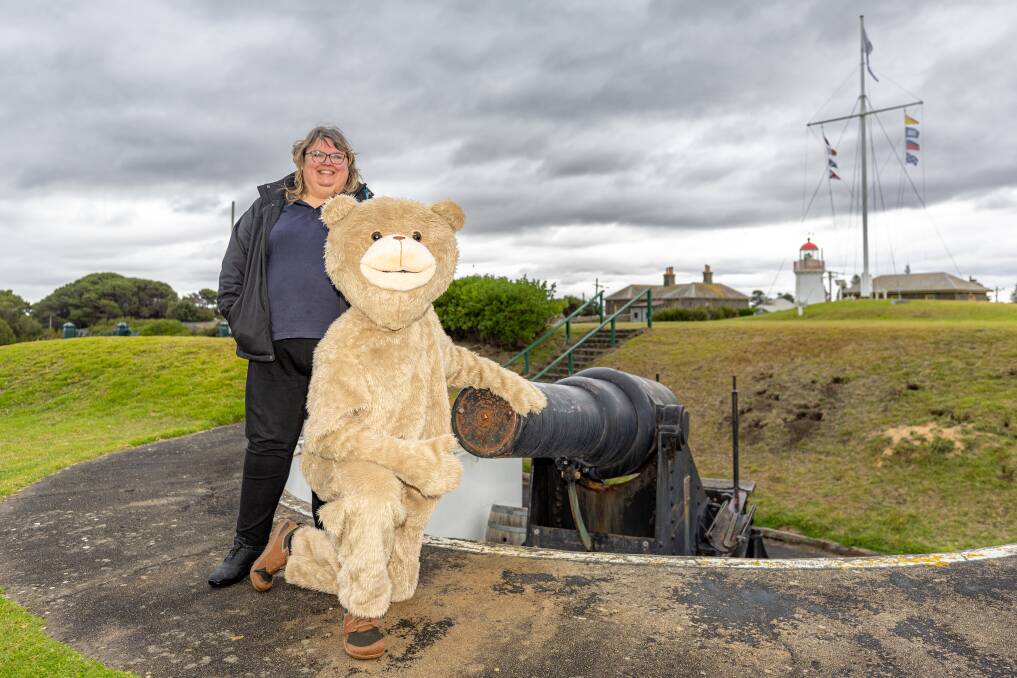 Flagstaff Hill Maritime Museum's Kate Wake with Ashley Ansell in the teddy bear suit are encouraging the community to turn out for its teddy bear picnic. Picture by Eddie Guerrero