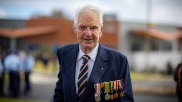 Jack Bullen made the trip back to his former home town of Warrnambool for the Anzac Day service where he laid a wreath on behalf of Legacy. Picture Eddie Guerrero