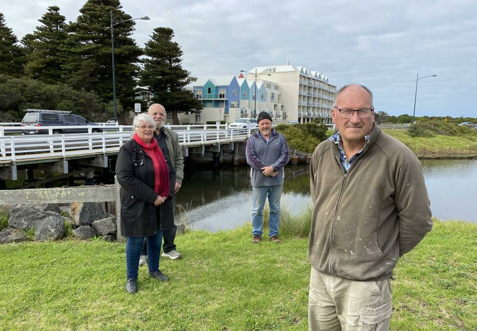 It's time: South Warrnambool Community Association's Bill Hicks, Joyce and Mike Vafiades and resident and business owner Geoff Morris want a replacement bridge to look like Edwards Bridge.