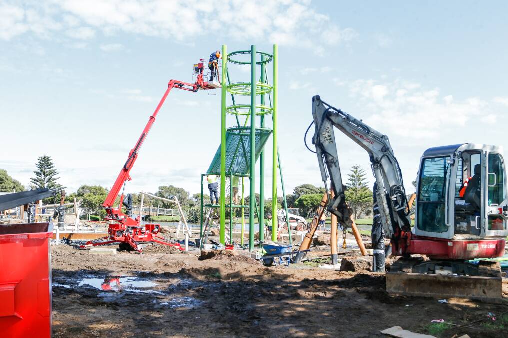 A new nine-metre-high slide is being installed at Lake Pertobe. Picture by Anthony Brady