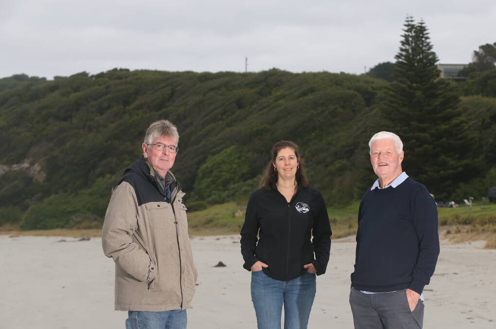 Yes: Portland tourist association president Dennis Carr, Cape Bridgewater co-owner cafe Deb Curtis and local resident Douglass Cahill are happy for a resort to be built in Cape Bridgewater. Picture: Mark Witte