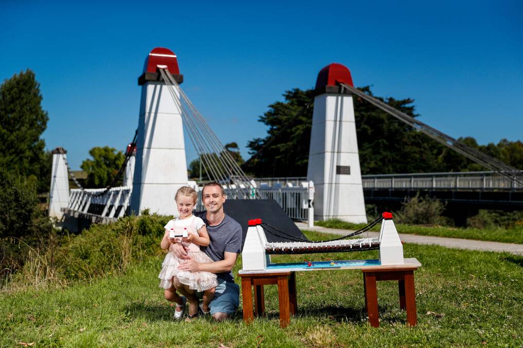Sam Ridley has recreated the Wollaston Bridge in Lego with the help of his daughter Evie who has also made a "baby" version of the bridge on her own. Picture: Morgan Hancock