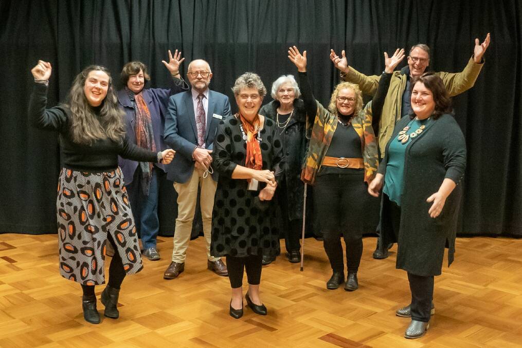 Celebrations: Mayor Vicki Jellie and deputy mayor Richard Ziegeler with the theatre group welcoming funding for a new hall.