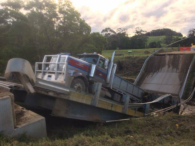 A bridge south of Simpson collapsed while a farmer was driving over it on Wednesday. Picture: Darren Ferrari