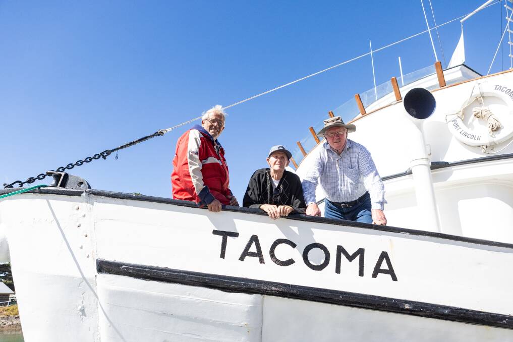 Ross Haldane, Jack Bellamy and Andy Haldane aboard the Tacoma that was built on the shores of the Moyne River in the 1940s and left in 1952. Picture by Anthony Brady