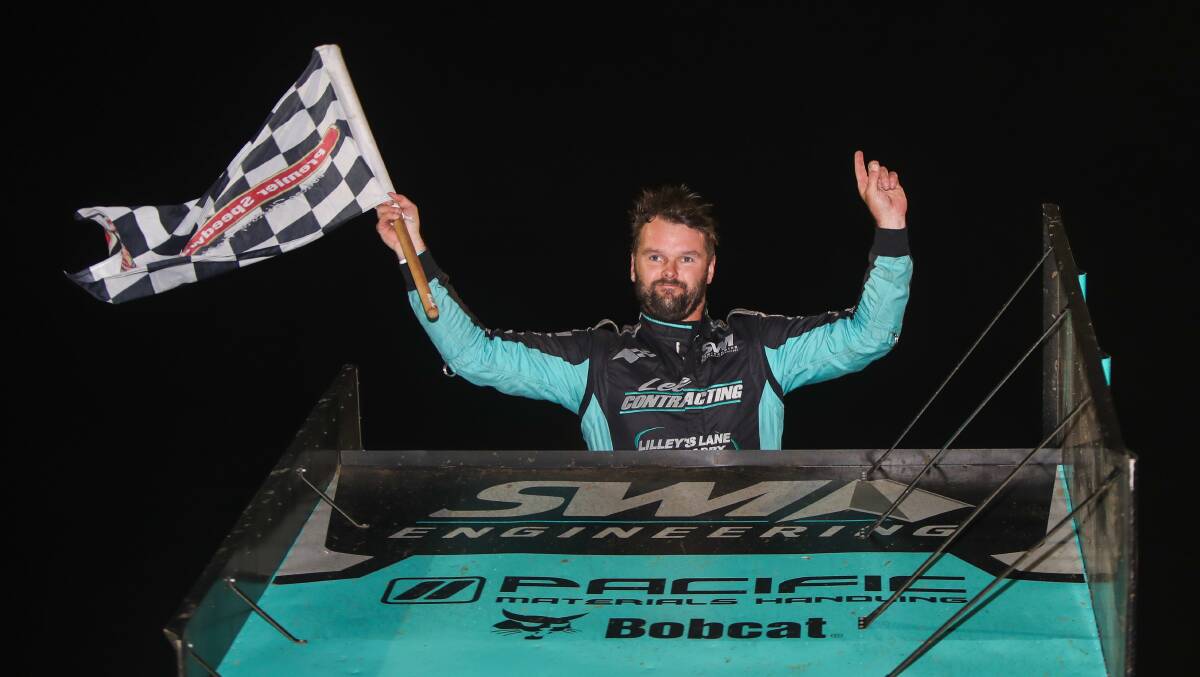 REAL DEAL: Warrnambool's Jamie Veal celebrates winning the Sprintcar Showdown A-main. Picture: Morgan Hancock