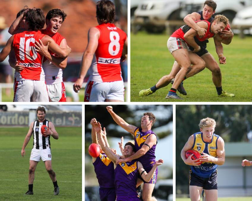 CONTEST: (top left) Paddy Anderson, (top right) Sam Cowling tackles Christian Koroneos, (bottom left) Sam Gordon, (bottom middle) Port Fairy players fly in a pack, (bottom right) Harry Keast.