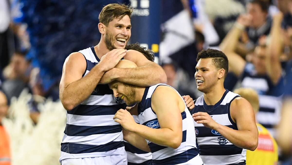 Geelong's Tom Hawkins and Gary Ablett celebrate a goal. Picture: Morgan Hancock