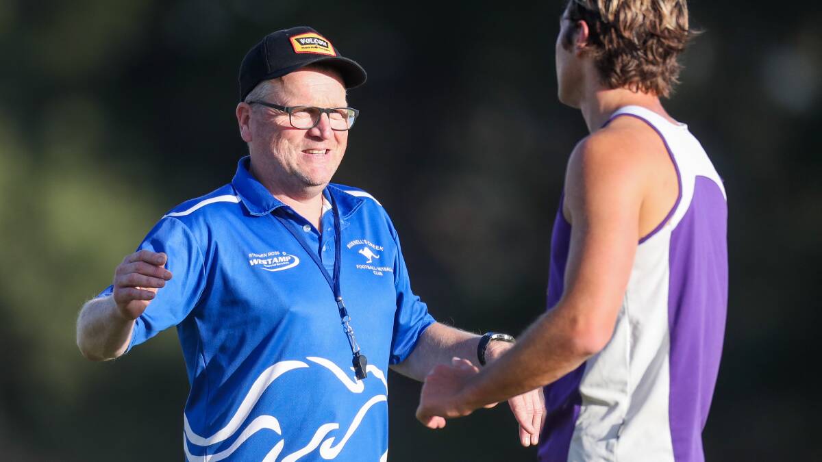 POSITIVE TIMES: Russells Creek coach Peter Timms chats to his players at pre-season training last month. The Kangaroos were voted as best recruiters by The Standard readers. Picture: Morgan Hancock